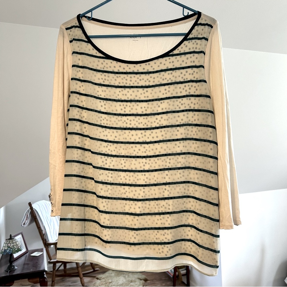 LOFT Cream Polka Dot Striped Blouse